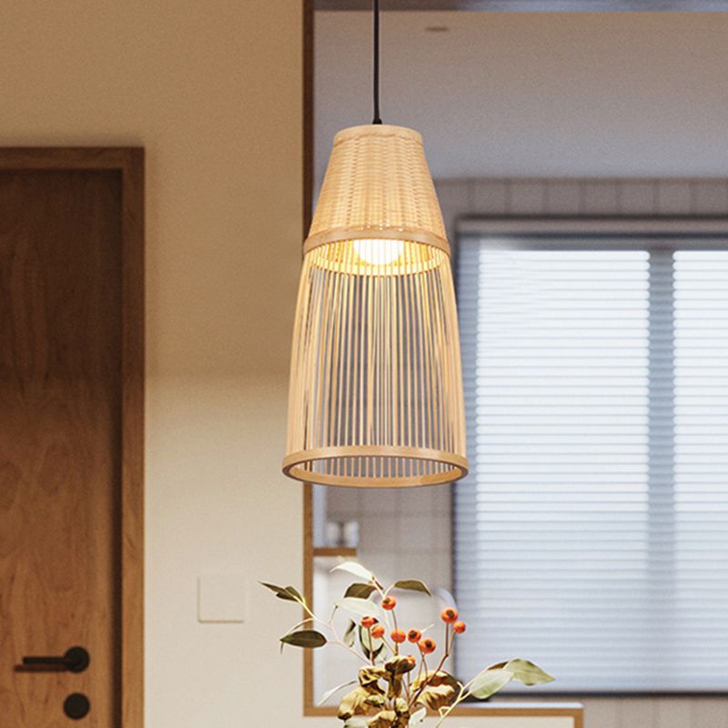 Beige Cone Down Lighting Asia Style 1 Head Bamboo Rattan Pendulum Lamp for Tea Room