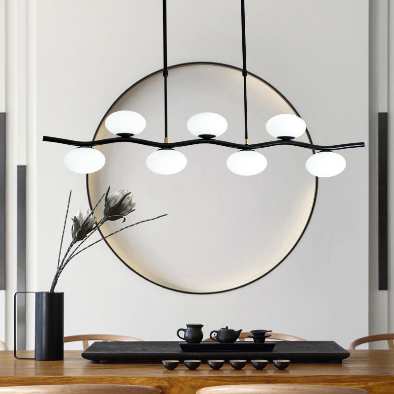 Oval Tea Room Pendant Light Cream Glass 7-Head Minimalist Island Lighting