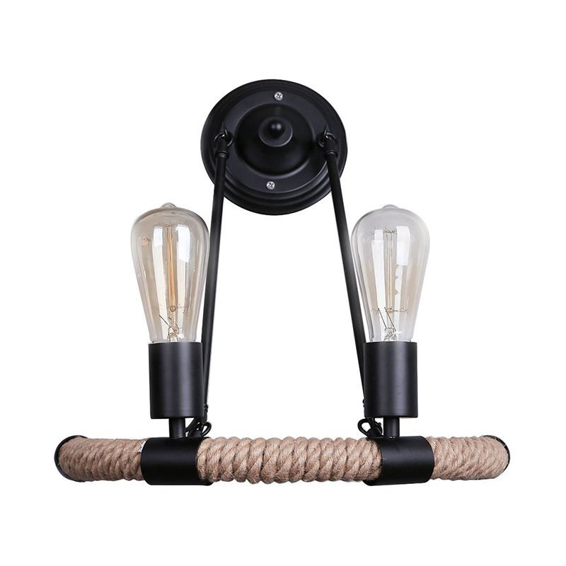 Roped Half-Ring Wall Lighting Vintage Style 2 Lights Living Room Wall Lamp with Bare Bulb in Black