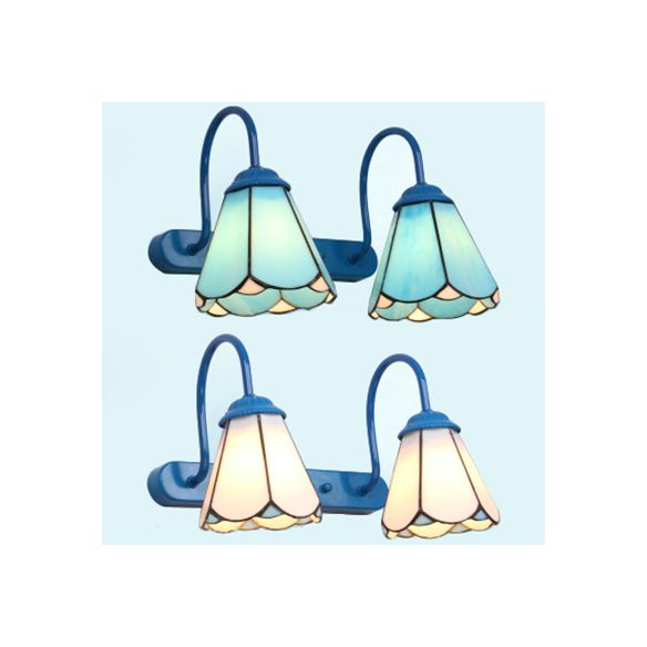 Tiffany Conical Vanity Lighting Fixture 2 Heads White/Blue Glass Wall Mounted Light for Bathroom