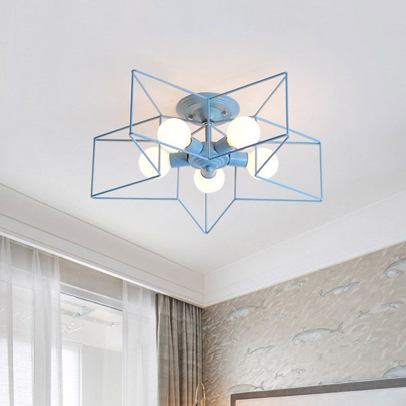 Pentacle Frame Iron Flush Mount Light Kids 5-Bulb Pink/Grey/Blue Semi Flush Ceiling Light for Baby Room