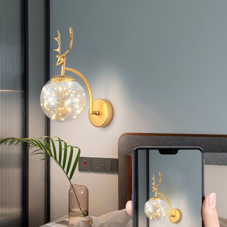 Glass Globe LED Wall Lamp in Modern Fashionable Wrought Iron Wall Sconce with Antler Decoration