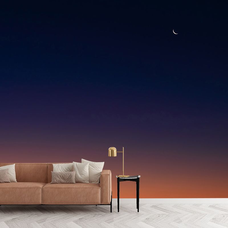 Orange-Blue Modern Style Mural Big Night Sky with Distant Crescent Wall Decor for Home