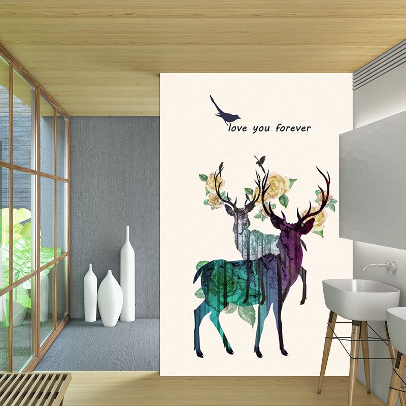 Custom Illustration Artistic Mural with Deer and Peony Blossom Pattern in Yellow-Green
