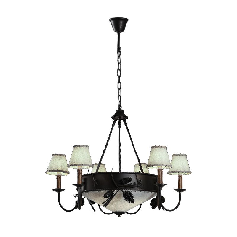 9 Lights Ceiling Light Country Domed Frosted Glass Hanging Chandelier in Black for Dining Room with Fabric Shade