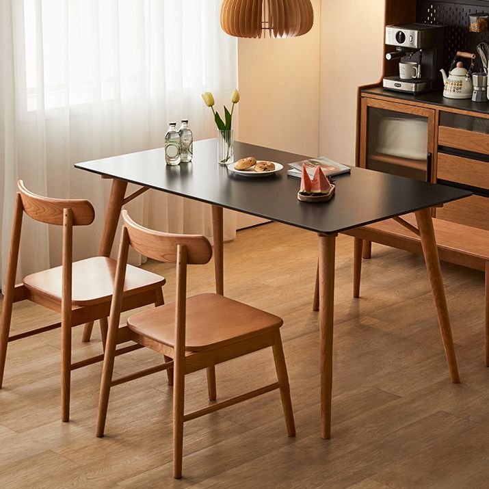 Modern Rectangular Black Stone Top Dining Table with 4 Solid Wood Legs