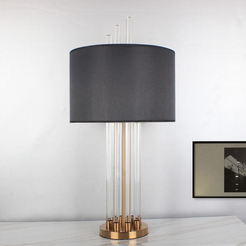 Modern Tubular Fabric Nightstand Lamp Clear Crystal 1 Bulb Reading Light in Gold