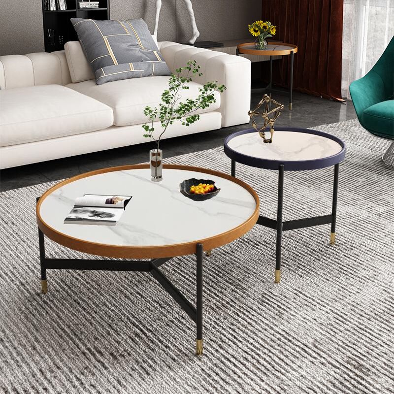 3 Legs Base Design Black Metal Base Rock Slab Top Round Coffee Table