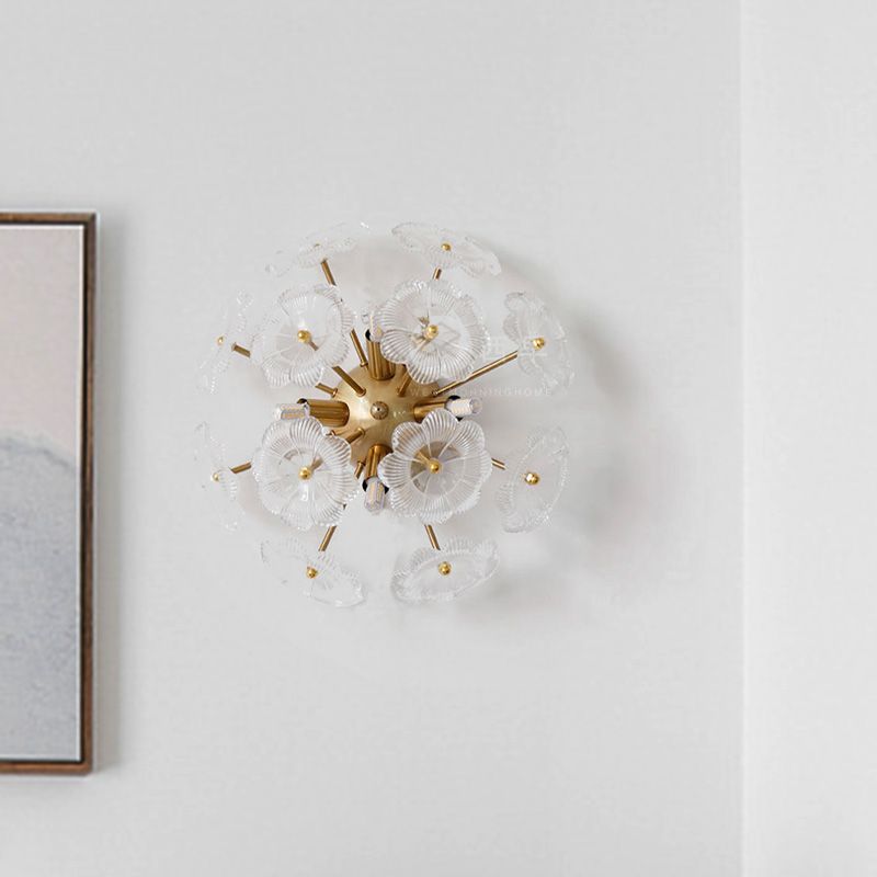 Clear Flower Glass Blossom Wall Light Sconce Contemporary 4 Heads Gold Finish Wall Mount Lamp