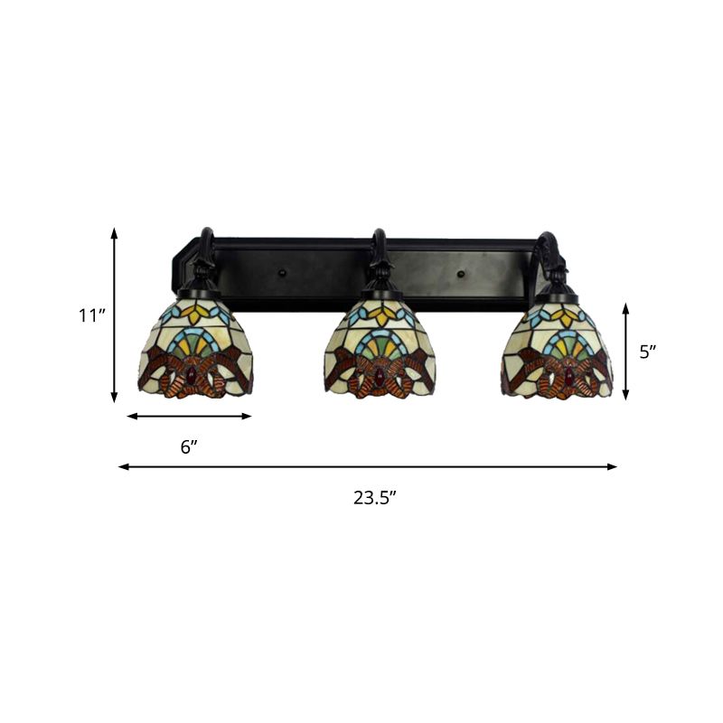 Dome Stained Glass Wall Mount Light Baroque 3 Heads Brown Sconce Lighting for Hallway