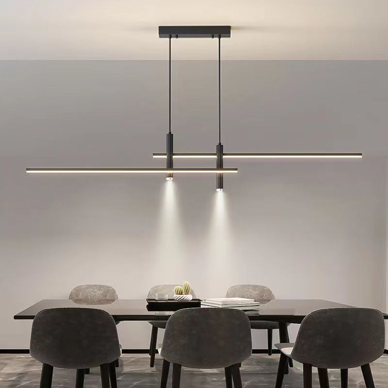 Minimalist Linear Island Chandelier Light Metal Dinning Room LED Hanging Chandelier in Black