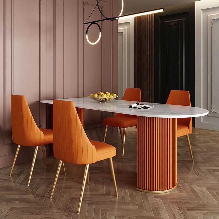 Metal Traditional Luxury Dining Table Free Form Sintered Stone Table with Double Pedestal