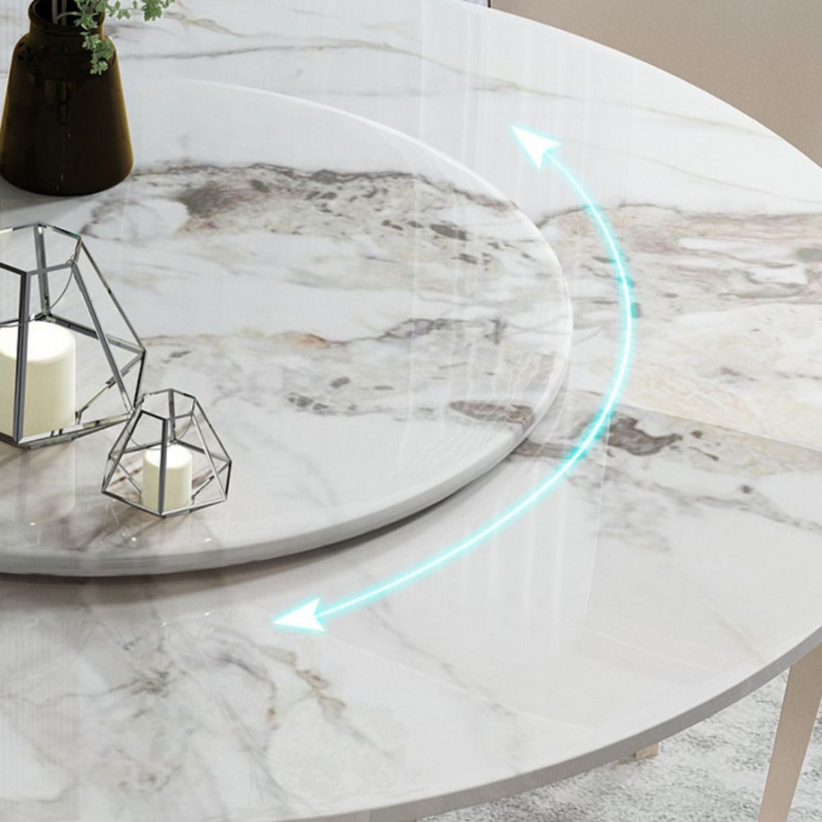 Modern Round Drop-leaf Table Stone with Metal Base Pedestal Dining Table