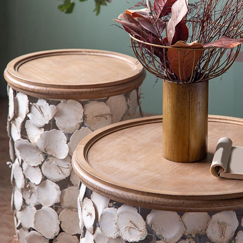 Drum Shape Accent Side Table Wood and Metal Rustic Style Corner Table