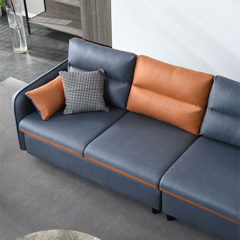 Faux Leather Sectional with 4 Pillows Back and Storage Arms for Living Room