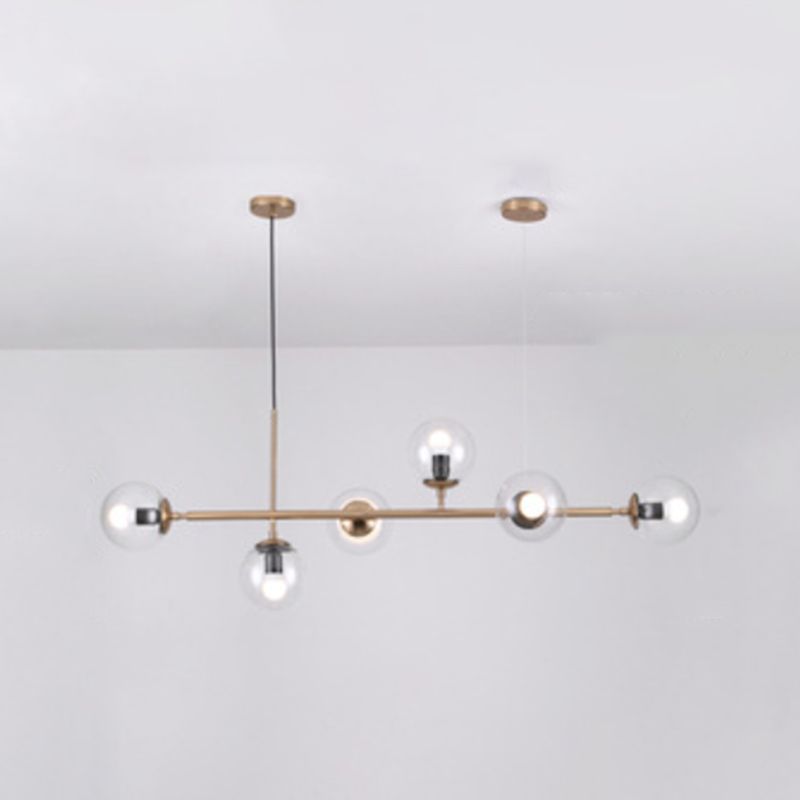 Gold Metal Island Light Modern 6-Head Restaurant Hanging Lamps with Globe Glass Shade