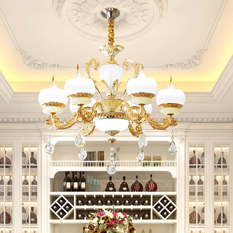 Candle Jade Pendant Chandelier Vintage 6/8-Light Dining Room Hanging Lamp in Gold with Crystal Draping