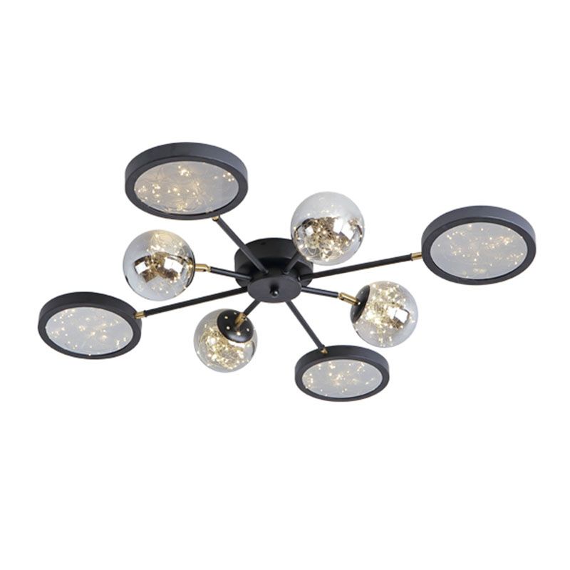 Sputnik Flush Mount Fixture Modernity Amber Glass Black Close to Ceiling Lamp with Glowing String Inside