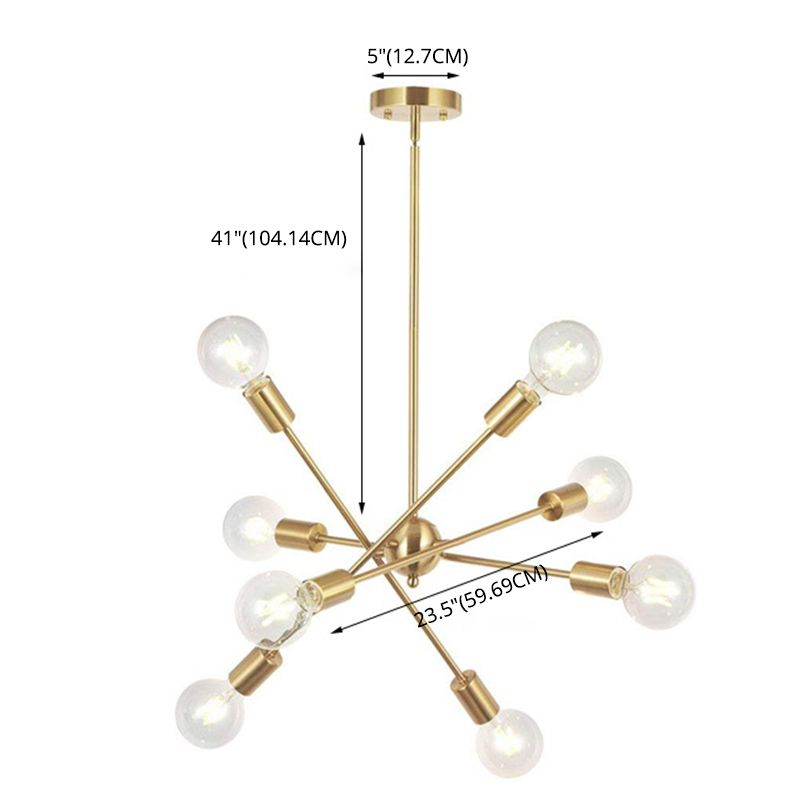 8-Lights Open-Bulb Design Kroonluchter Noordse stijl Gepolijst metaalmoleculair hanglicht voor eetkamer