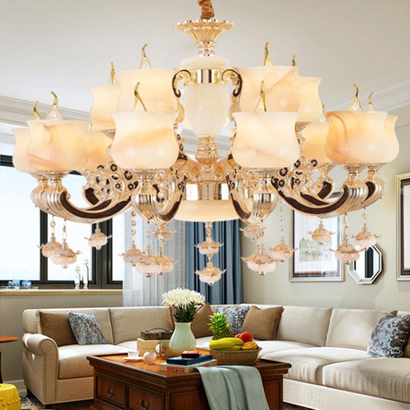Jade Gold Hanging Lamp Kit Bud Traditional Chandelier Light Fixture with Crystal Accent