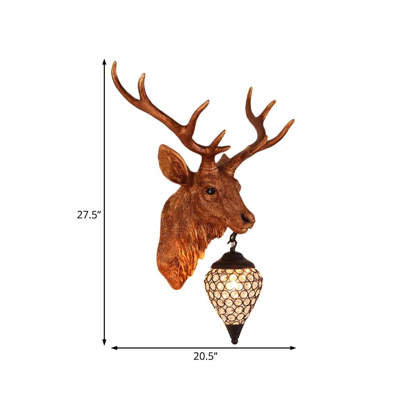 Teardrop Beveled Crystal Wall Lighting Country 15"/20.5"/24.5" Wide 1 Head Bedroom Sconce Lamp with Deer Head in White/Yellow/Gold