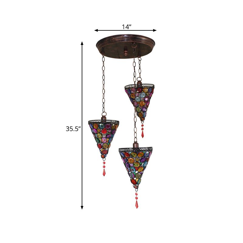 3 Bulbs Conical Cluster Pendant Art Deco Rust Metal Hanging Ceiling Light with Round/Linear Canopy for Bedroom