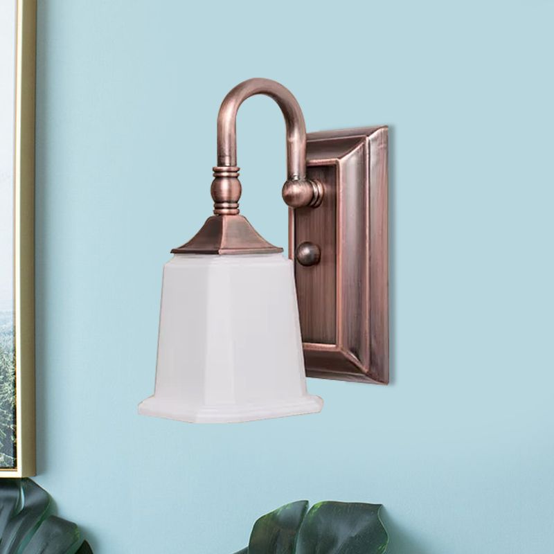 Retro Flared Wall Sconce Lighting 1-Head Cream Glass Wall Light Fixture in Copper with Gooseneck Arm
