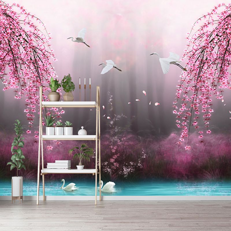 Beautiful Swan Lake Murals for Bedroom Cherry Blossom Wall Decor, Custom Size Available