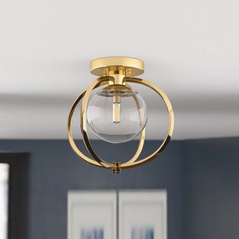 1 Glühbirnenschlafzimmer Deckenleuchte moderne Goldmetall -Halbflush -Halterung mit Globe Clear Glass Shade