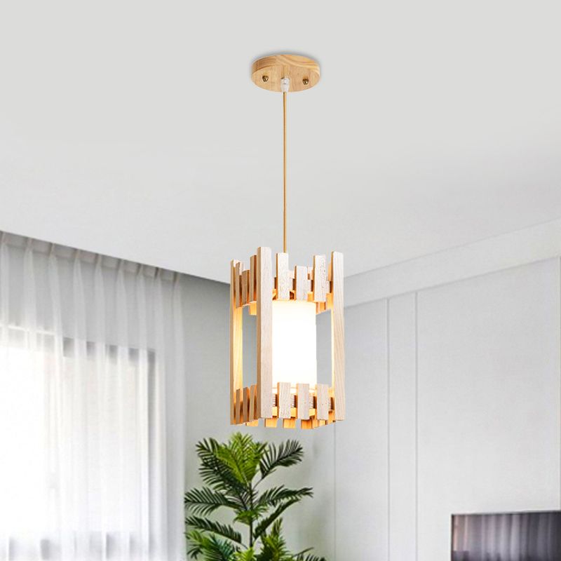 Cylinder Shade Bistro Pendant Light Fabric 1 Head Asia Suspension Lighting with Wood Cage Guard