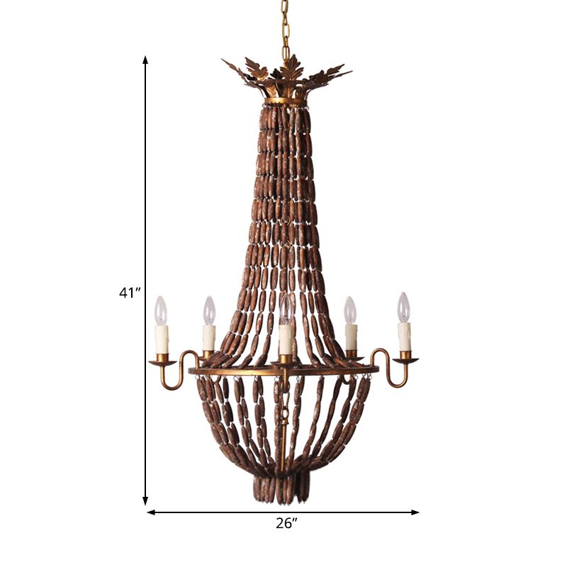 Empire Living Room Chandelier Lighting Vintage Wood 5 Lights Red Brown Pendant Light