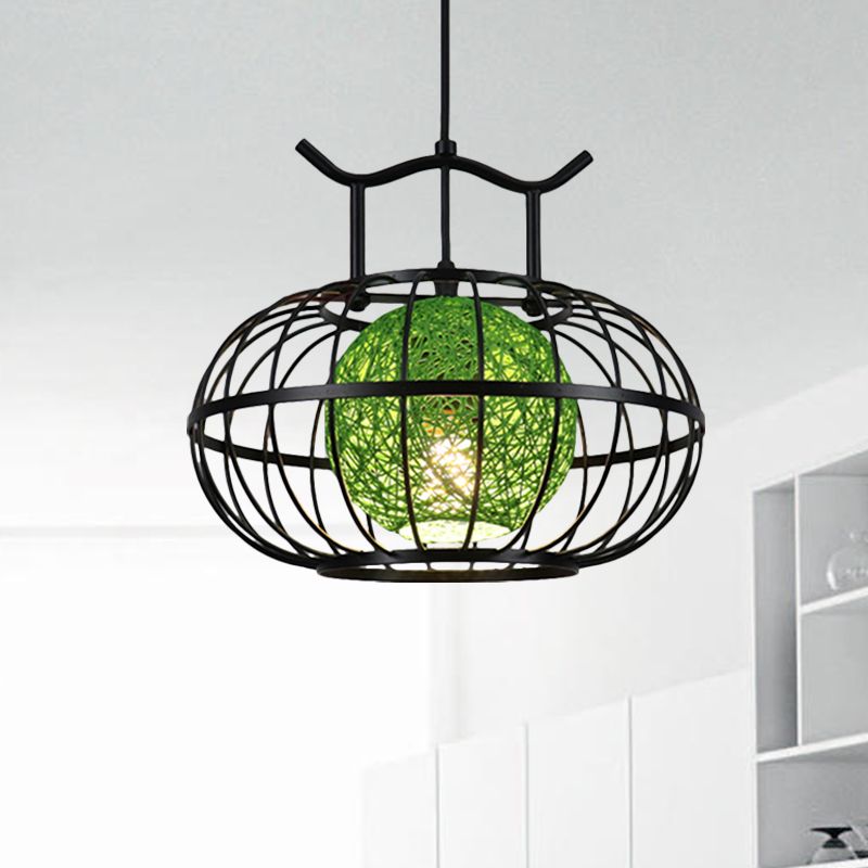 Metallkürbiskäfighängeanhänger Licht mit innerer Rattankugel Schatten Asian Style 1 Light Suspension Lampe in Rot/Gelb