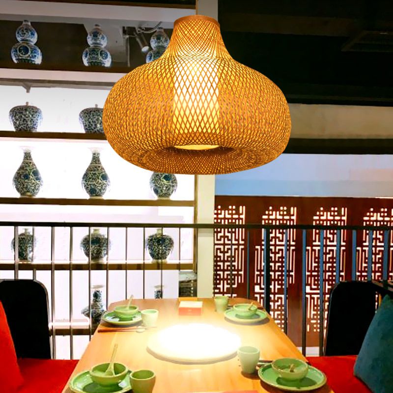 Chinese Pear-Shaped Pendant Lighting Fixtures Rattan Hanging Light with Hanging Cord for Restaurant
