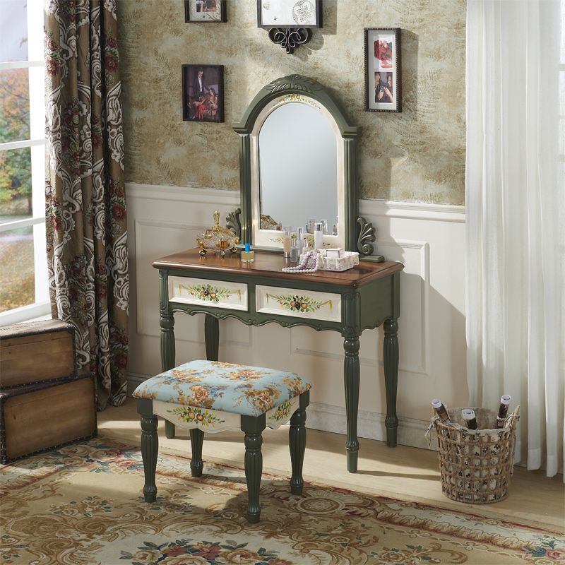 Wood Vanity Set 17.71" Wide Make-up Vanity with 2 Storage Drawers and Stool