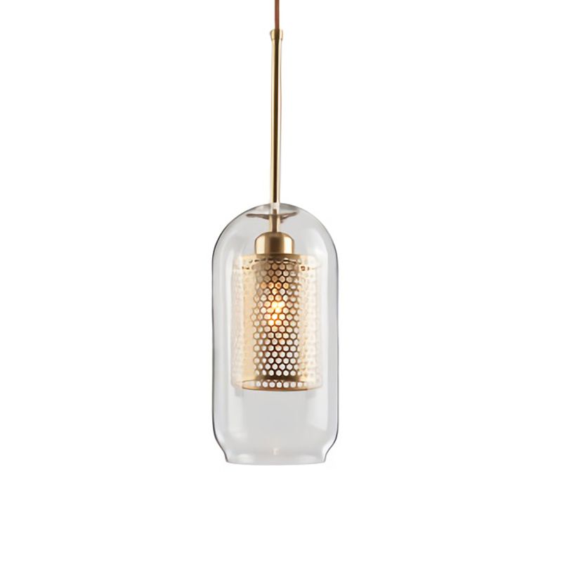 Cylinder Dining Room Pendant Lamp Metal 1-Light Contemporary Hanging Light Fixture with Outer Glass Shade
