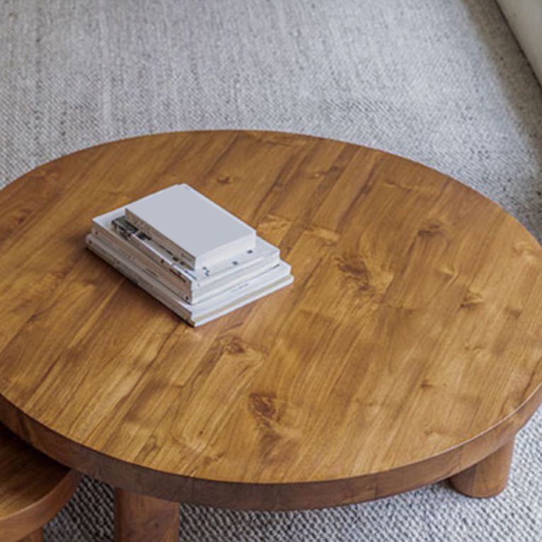Contemporary 4 Legs Brown Solid Wood Round Coffee Cocktail Table