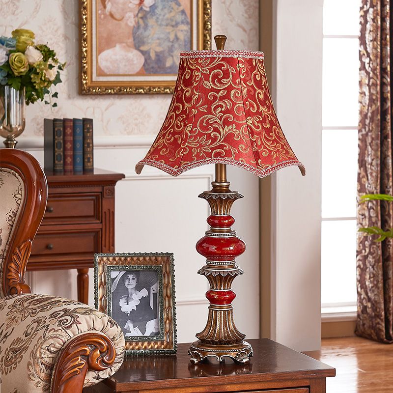 Retro Scallop-Edge Flared Table Light 1 Bulb Swirl Patterned Fabric Night Lamp in Red