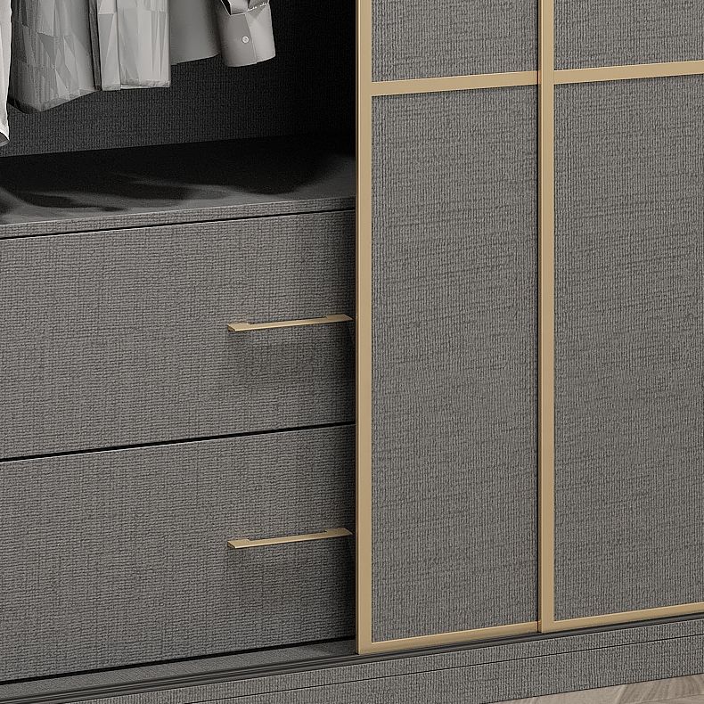 Contemporary Style Gray Colour Wardrobe Wooden Cloth Rod Included Wardrobe Closet