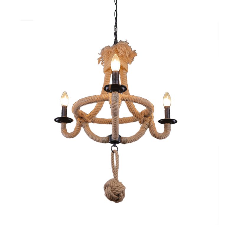 3 Heads Bowl Cage Hanging Light Country Style Brown Rope Hanging Lamp with Open Bulb for Restaurant