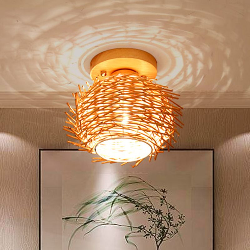 Rustieke Handgemaakte Flush Mount Lamp Bamboe 1 Bulb Plafond Mount Lamp in Hout voor Woonkamer