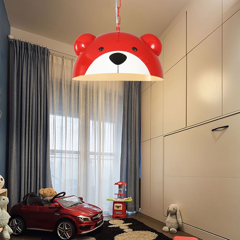 Metallic Dome Pendant Light Fixture Kids 1 Light Red/Yellow Hanging Lamp with Bear Design for Children Bedroom