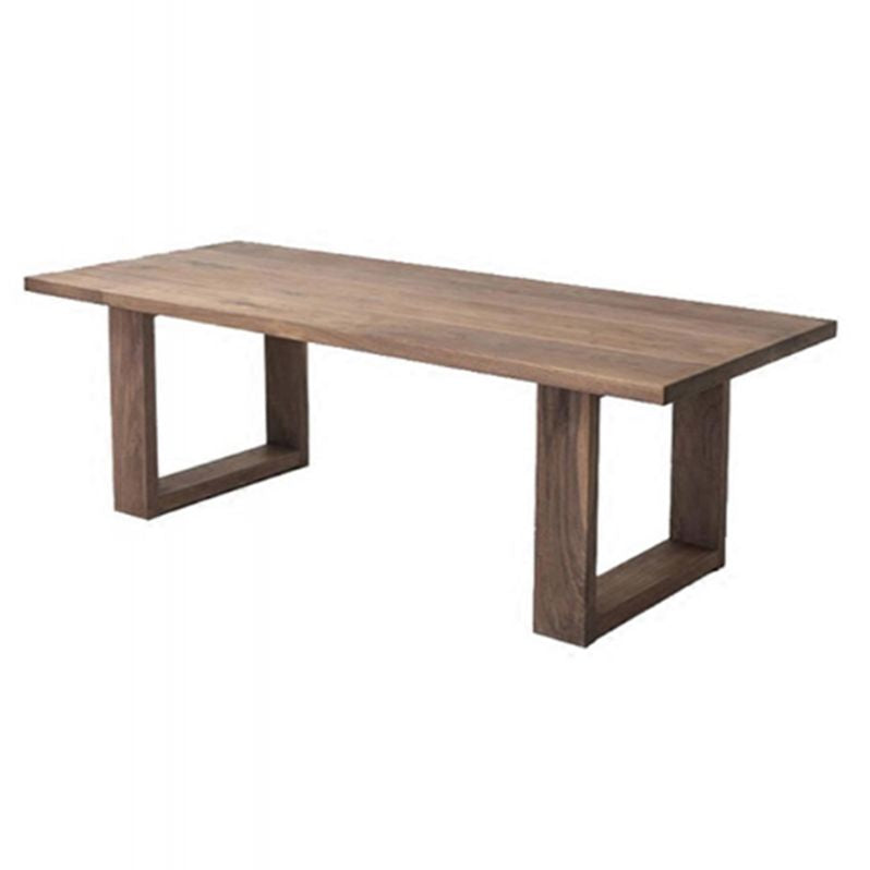 Mesa de comedor de madera maciza industrial mesa rectángulo en marrón con base de pedestal doble