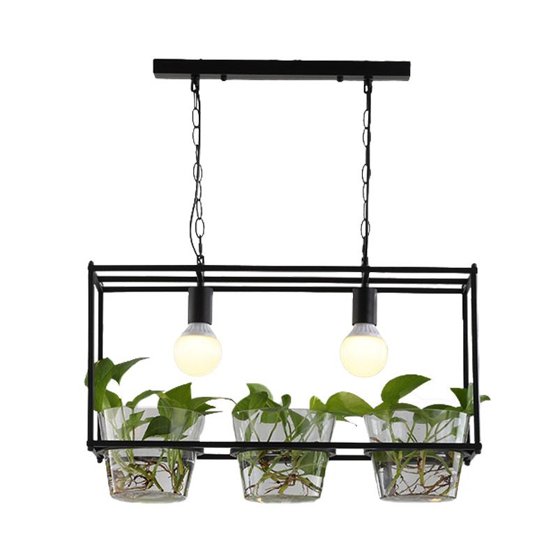 Metal Rectangle Island Ceiling Light Retro 2 Bulbs Dining Room LED Suspension Lamp in Black/Gold