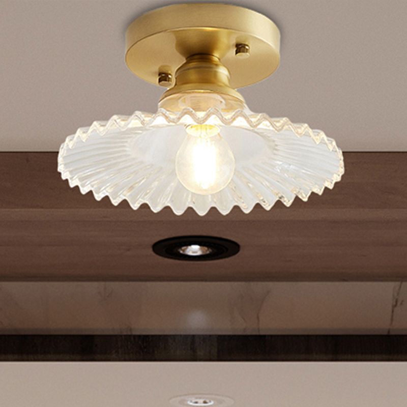 1 Light Flared Semi Flush Light Industrial Clear/Green Ribbed Glass Ceiling Mount for Living Room