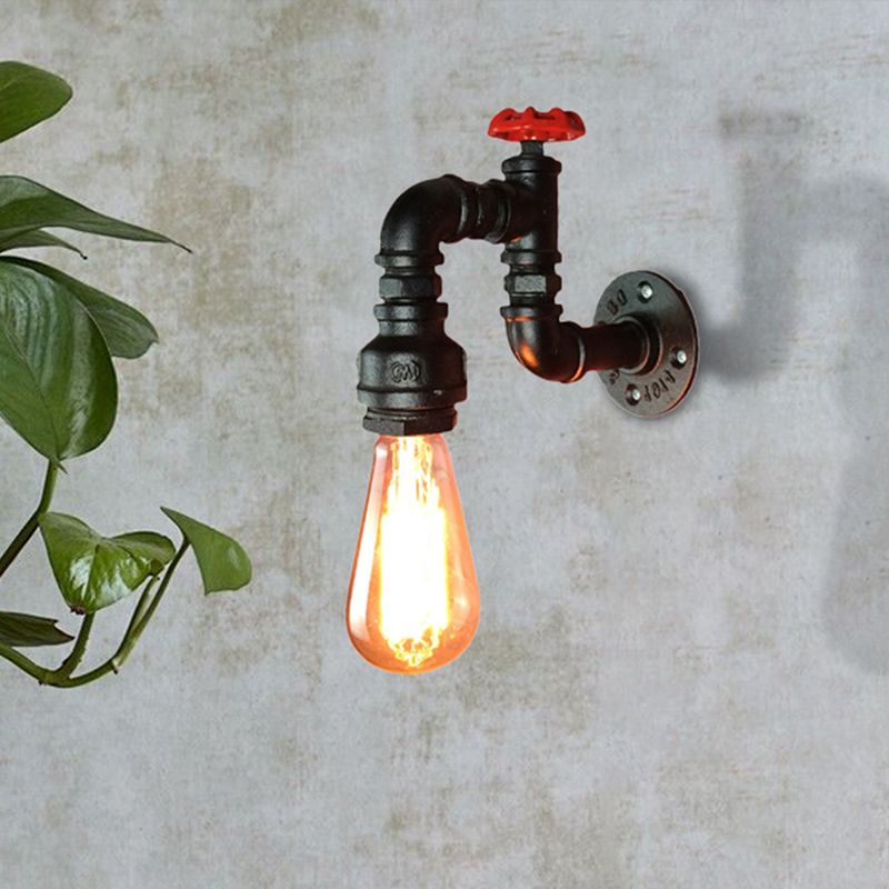 Black 1 Head Wall Sconce Light Rustic Industrial Metal Pipe Wall Lamp with Red Faucet Valve for Living Room