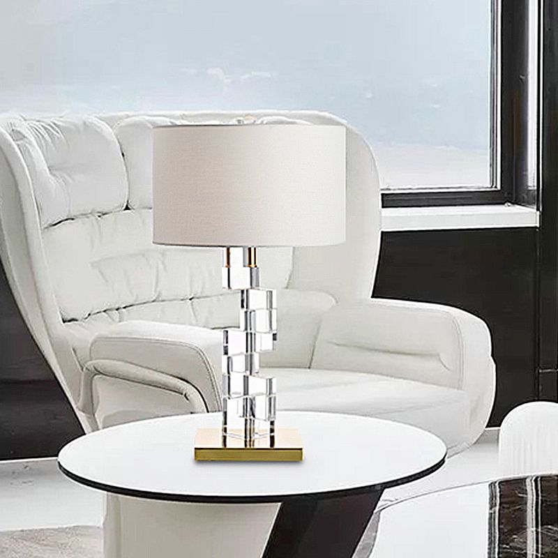 Tissu table blanc tambour léger 1 bulbe lampe de table de chevet traditionnelle avec déco de bloc de verre transparent luxé