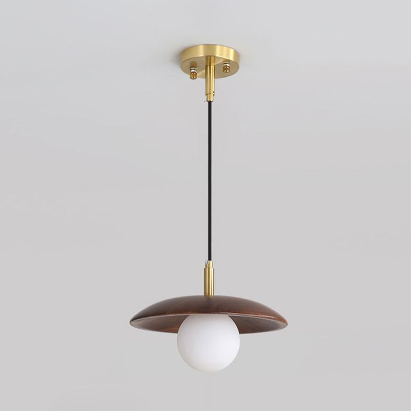 Dark Brown Saucer Pendant Lighting Simple 1-Light Wooden Ceiling Light with White Glass Shade