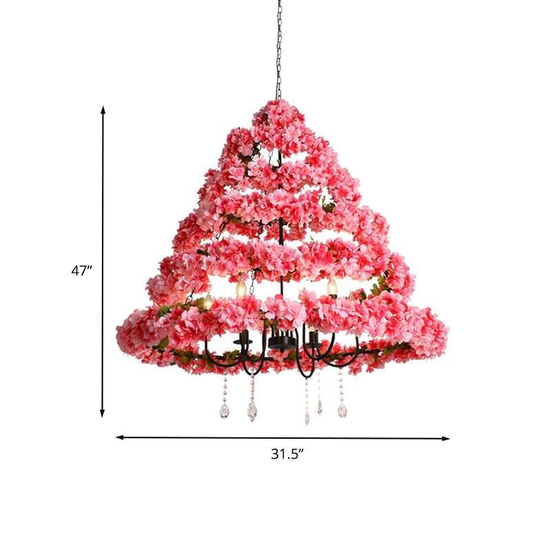 Cherry Blossom Restaurant Chandelier Light Industrial Metal 5 Bulbs Pink Hanging Lamp with Dangling Crystal, 31.5"/43" W