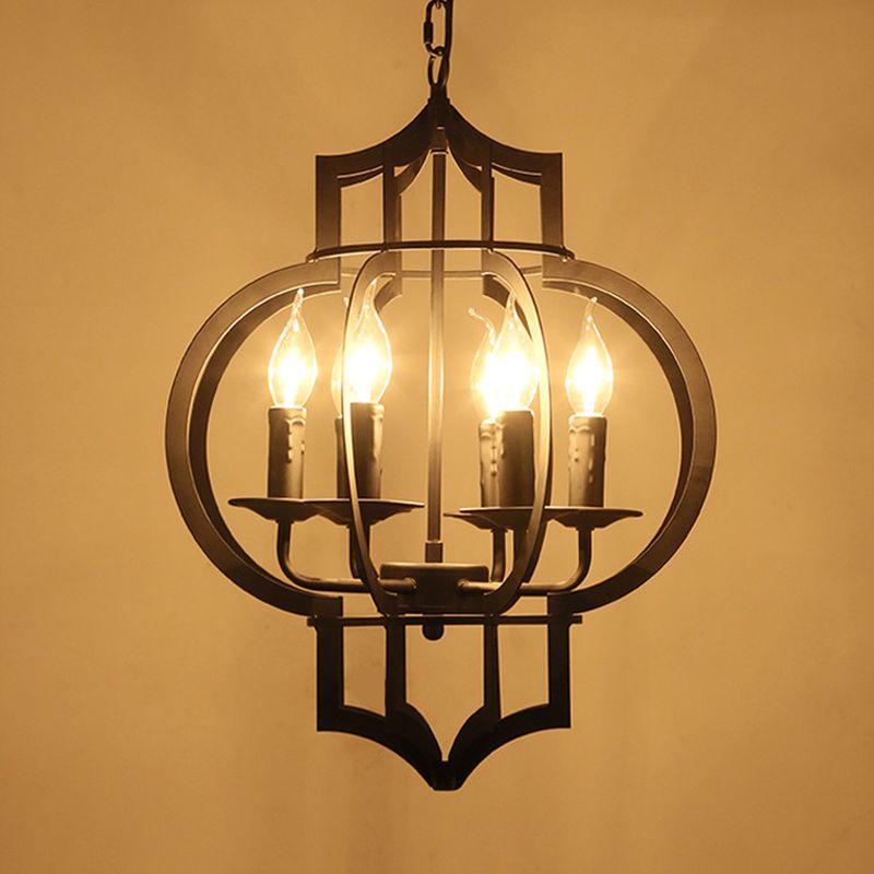 Metallic Black Hanging Chandelier Lantern 6-Light Retro Style Ceiling Suspension Lamp