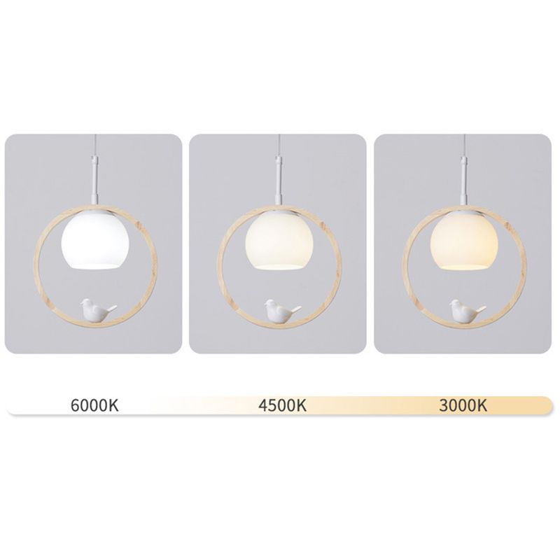 Dome Shade White Glass Pendant Nordic Style Wood Suspension Light with Ring and Bird